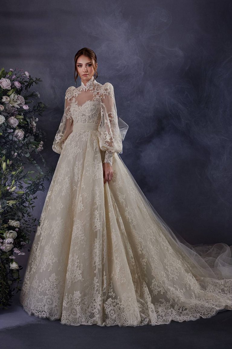 High Neckline Aline Lace Wedding Dress With Puff Long Sleeves Zuhair Murad 768x1152 