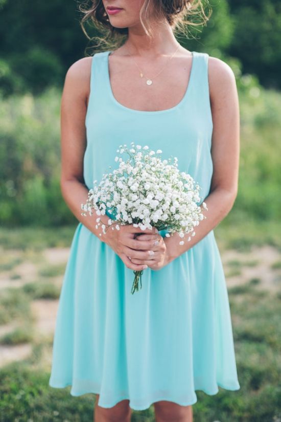 Rustic Tiffany Blue bridesmaid Dress and baby's breath bouquet