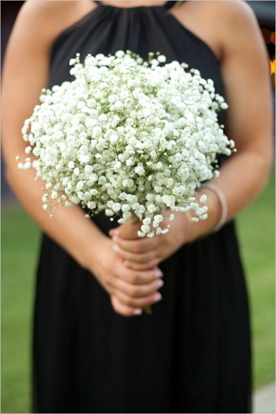 Simple baby's breath bouquet and black bridesmaid dress