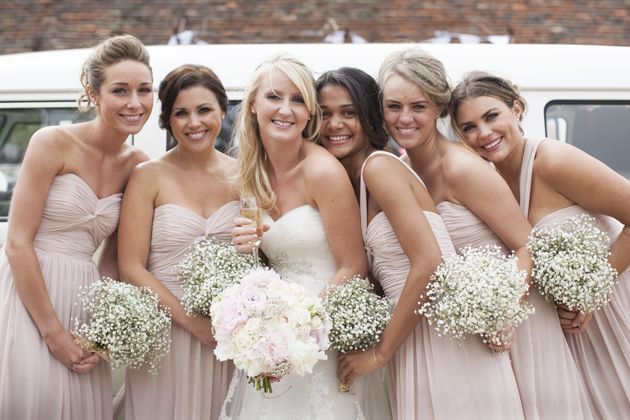 Gallery blush bridesmaid dresses baby's breath bouquets