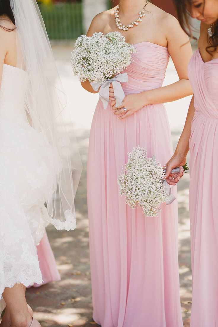 blush pink bridesmaid dresses and baby's breath bridesmaid bouquet