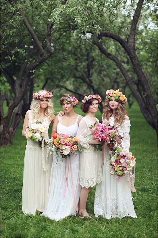Gallery: boho chic wedding ideas - white lace boho bridesmaid dresses
