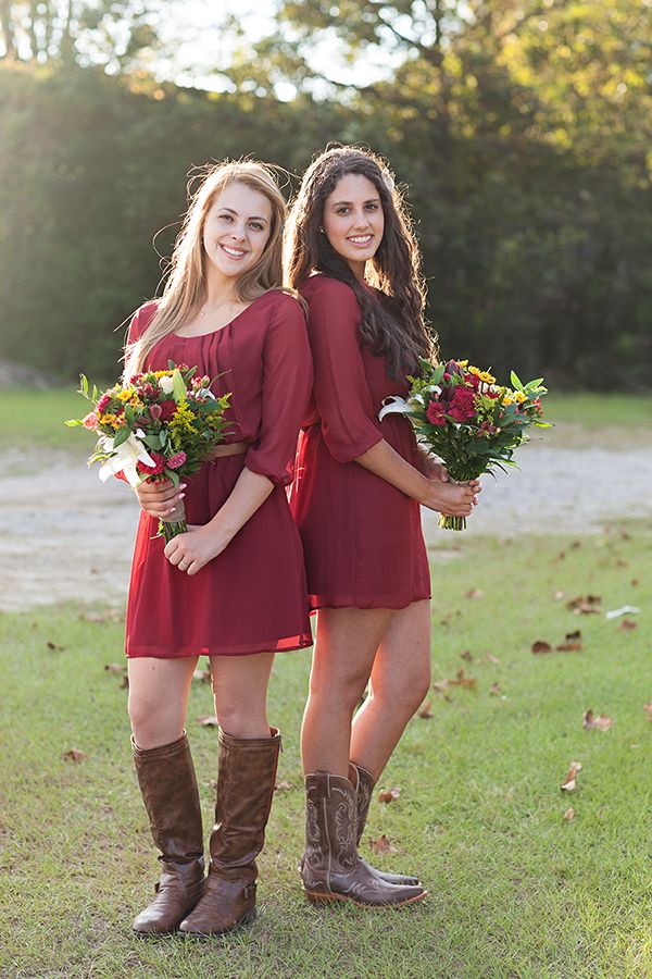 burgundy bridesmaid dresses with cowboy boots