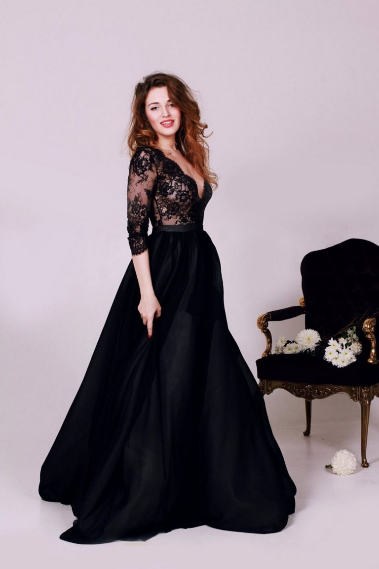 Black Lace Deep V Neck Wedding Dress With 3 4 Sleeves 768x1152 