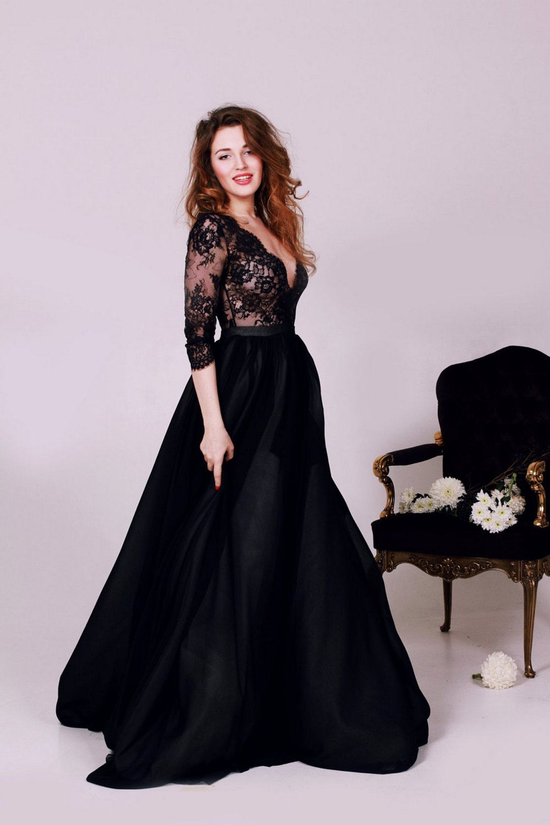 Black Lace Wedding Dress With Sleeves