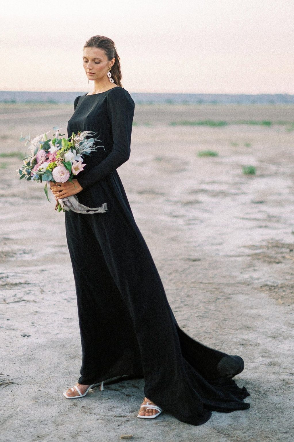 Black Modest Long Sleeve Wedding Dress With High Neck Bodice 1023x1536 