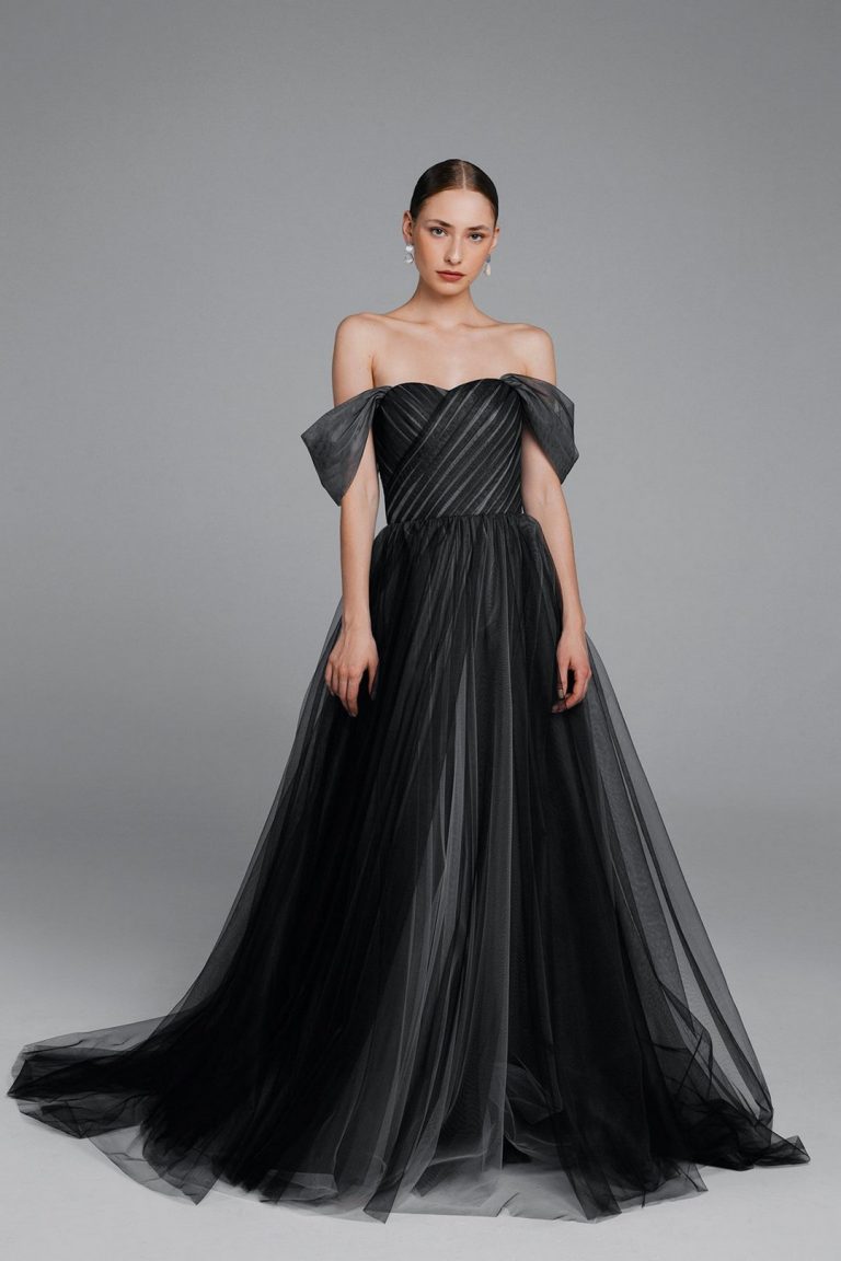 Black Off The Shoulder Tulle Wedding Dress 768x1152 
