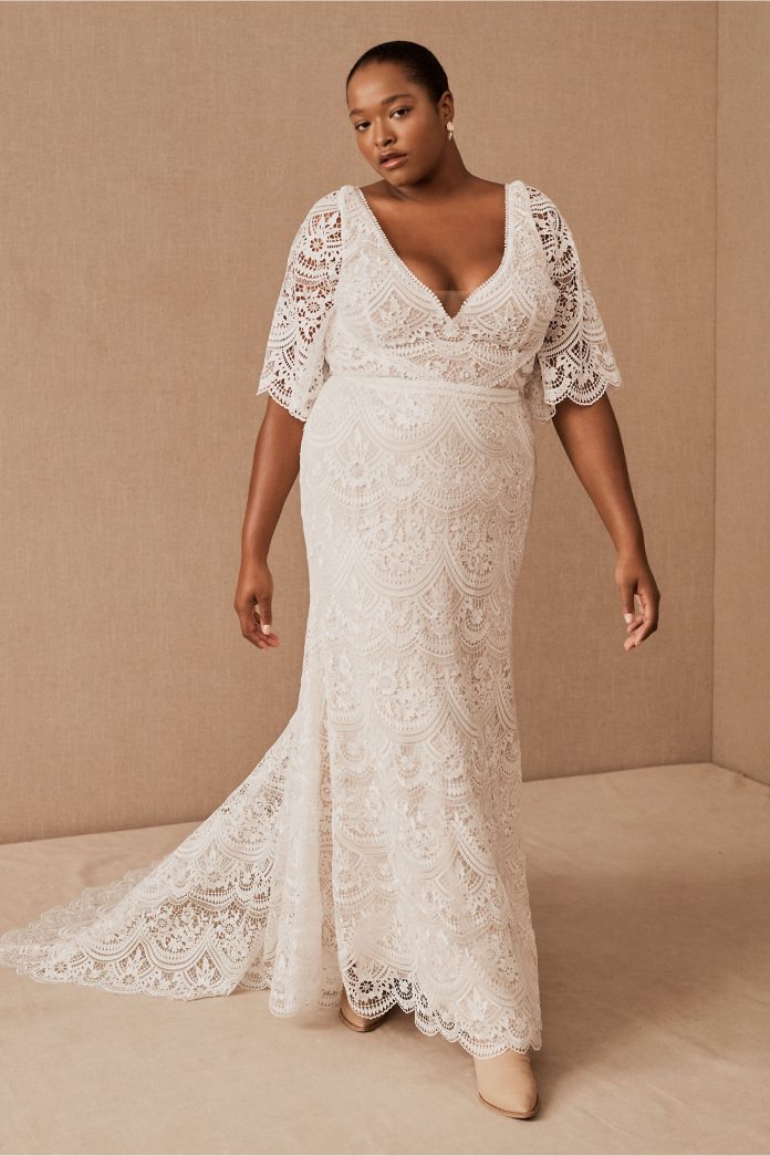 Plus Size Lace Boho Wedding Dress With Sleeves 696x1045 
