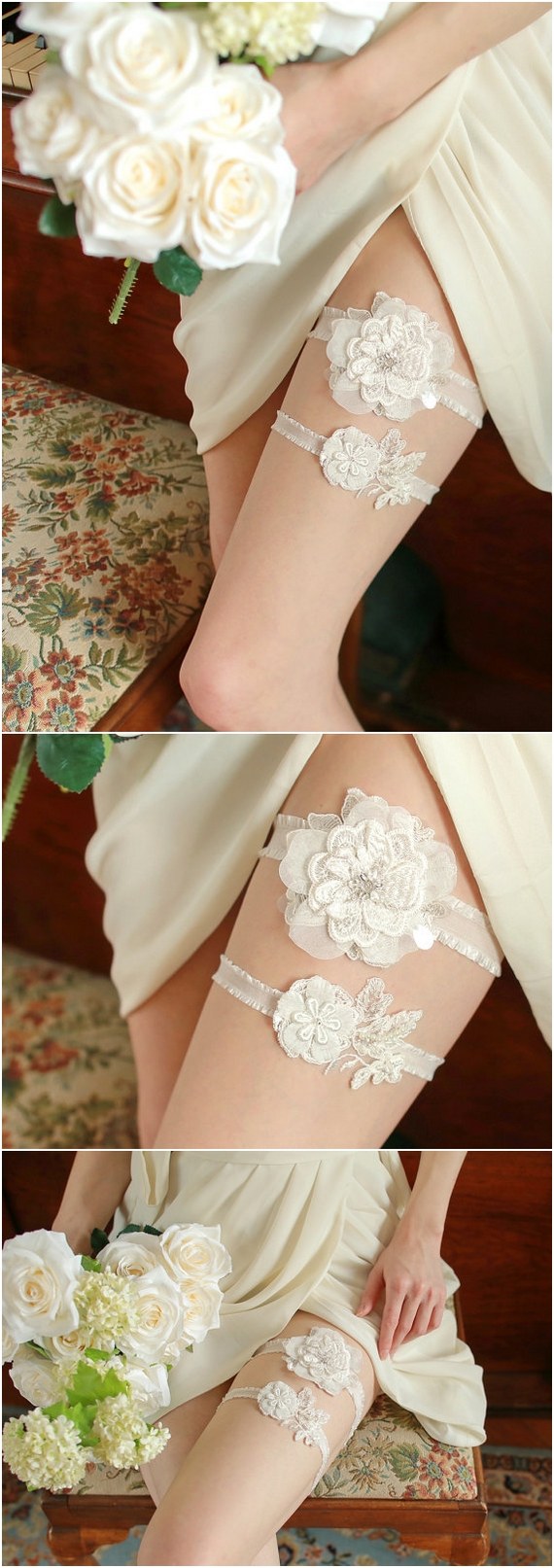 Ivory Lace Wedding Garter Set Deer Pearl Flowers