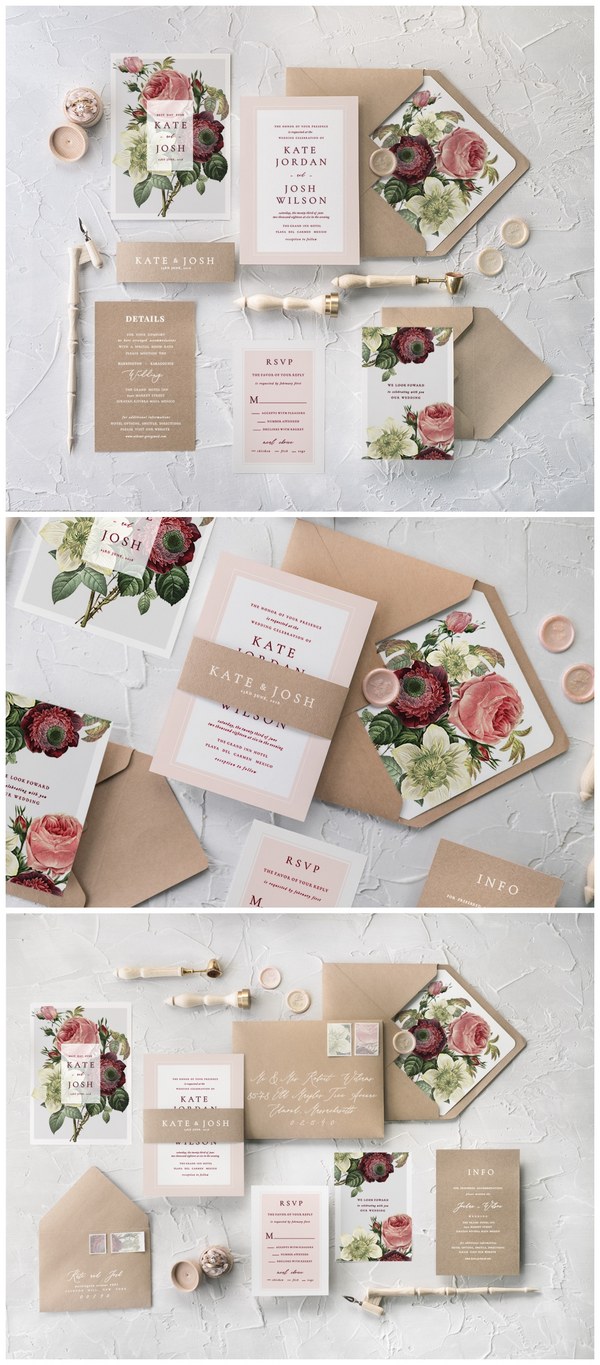 Vintage Rustic Roses Calligraphy Wedding Invitations 04BBNz | Deer ...