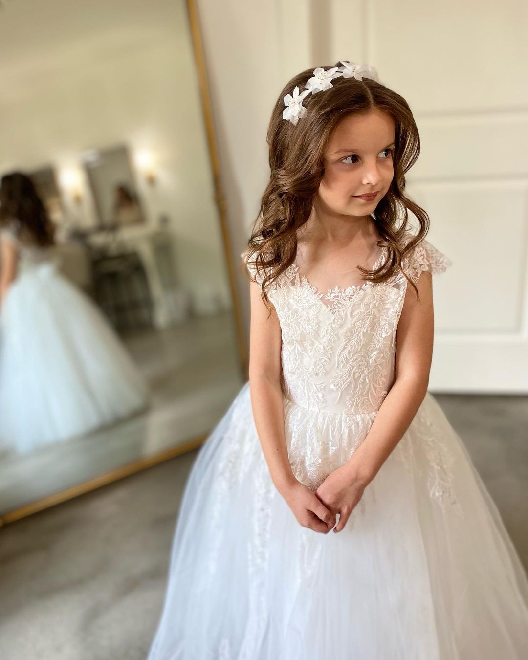 Illusion Sleeves with Pearls A-line First Communion Flower Girl Dress 3018  | Girls dresses, Flower girl dresses, Kids dress