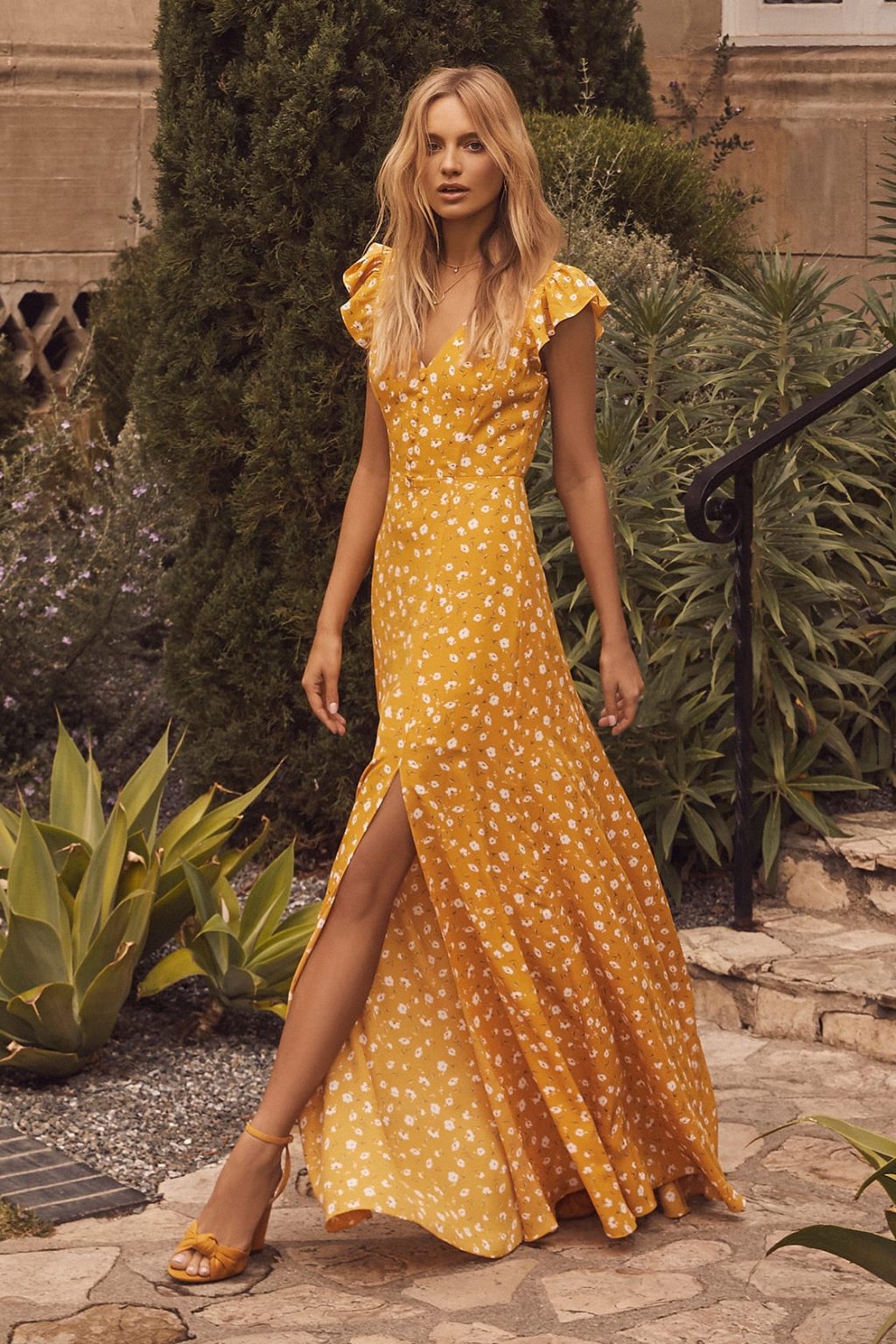 Mustard Yellow Spring Wedding Guest Dress With Floral Print Backless 1024x1536 