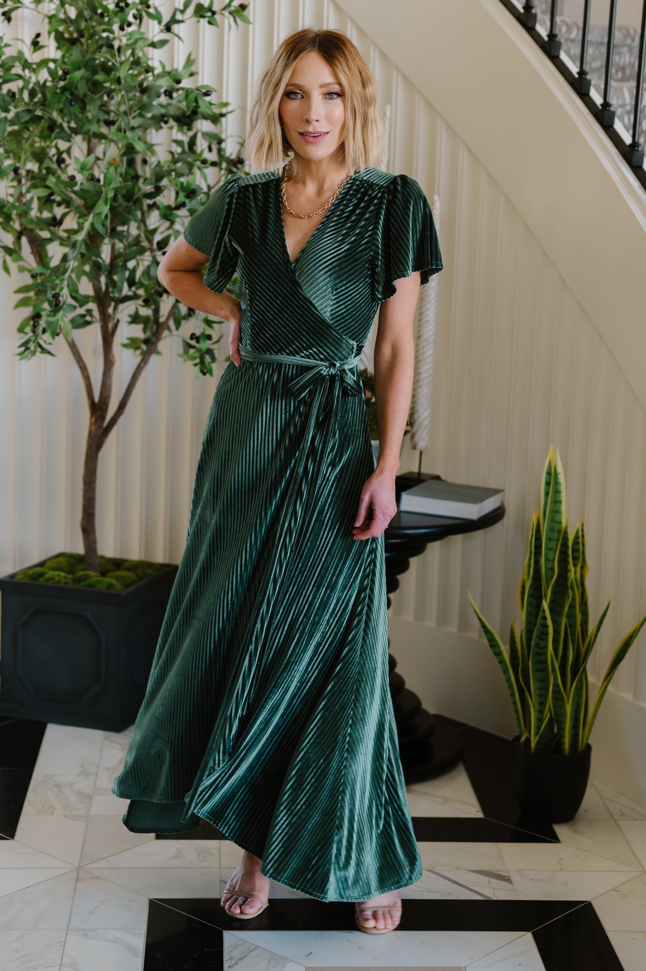 Andi Ribbed Green Velvet Wrap Dress