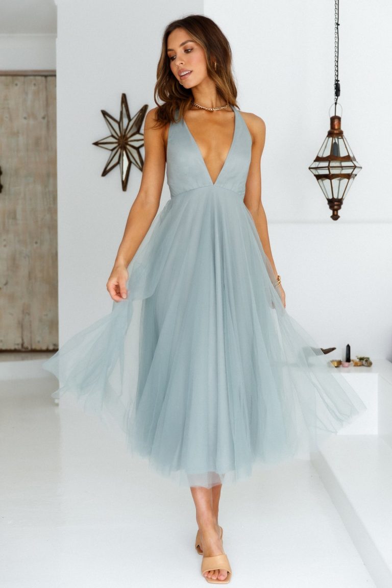 Sage Blue Deep V Neck Midi Tulle Wedding Guest Dress 768x1152 