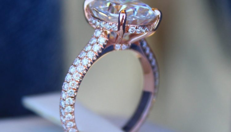 Rose Gold Hidden Halo Engagement Ring 14k Carat Oval Cut Moissanite And Diamond Deer Pearl Flowers 3168