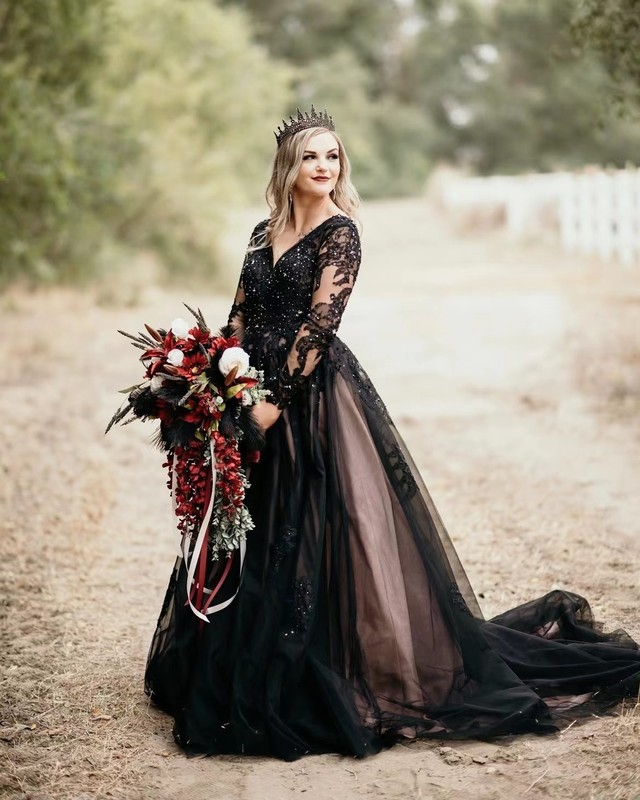 plus size black wedding dress with long sleeves lace v neckline ...