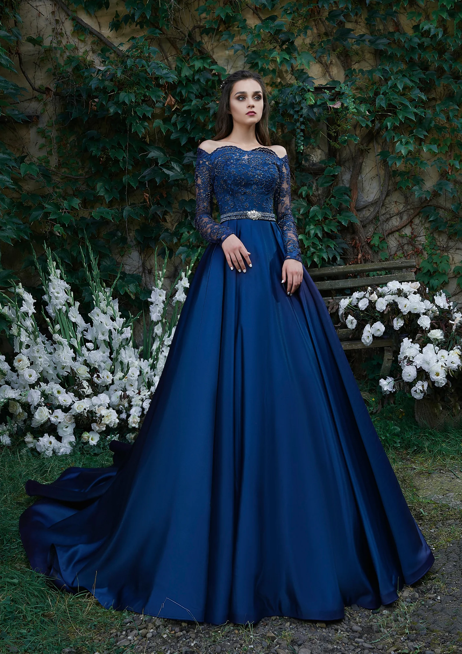 Long Off Shoulder Dark Royal Blue Wedding Dress.webp