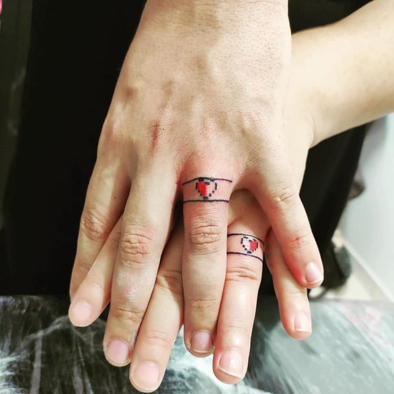 25 Creative Soulmate Wedding Ring Tattoos For Couples 2024   Shaded Hearts Wedding Ring Tatto 768x768 