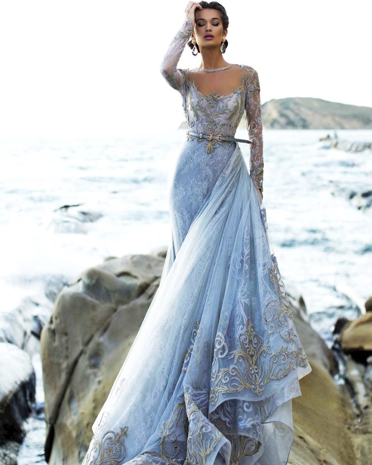 Blue Wedding Dresses A Line With Long Sleeves Lace 768x960 