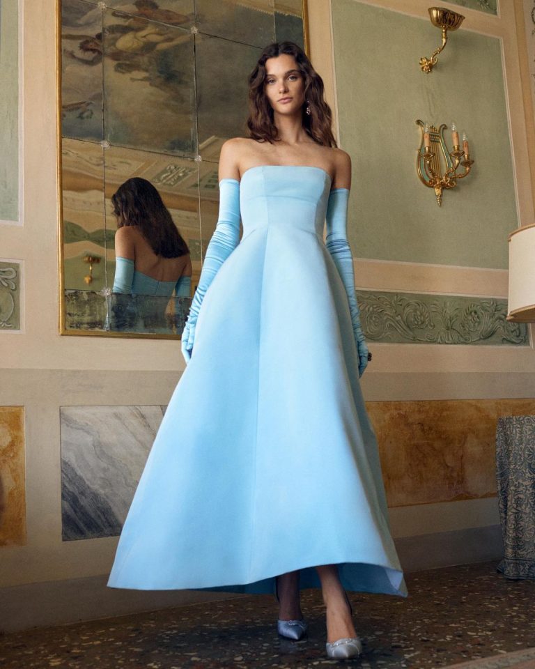 Blue Wedding Dresses Simple Tea Length With Gloves Elegant 768x960 