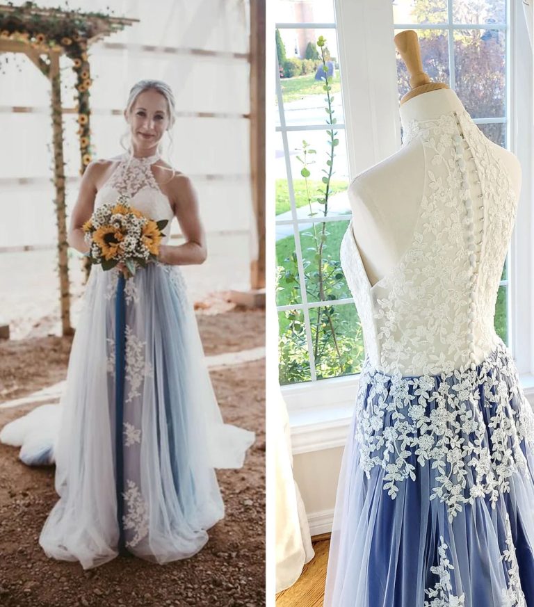 Halter White And Blue Lace Wedding Dress 768x873 