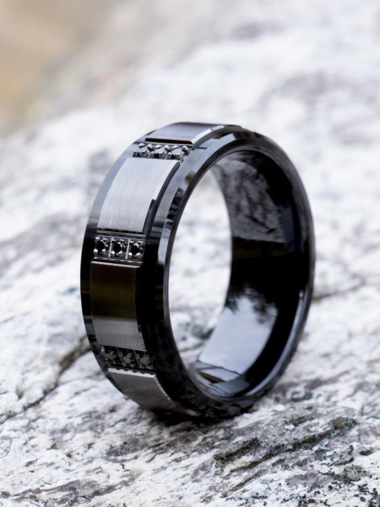 2024 Mens Black Wedding Bands Guides Styles DPF   Black Wedding Band For Men Black Ceramic And Black Gold Diamonds 768x1024 