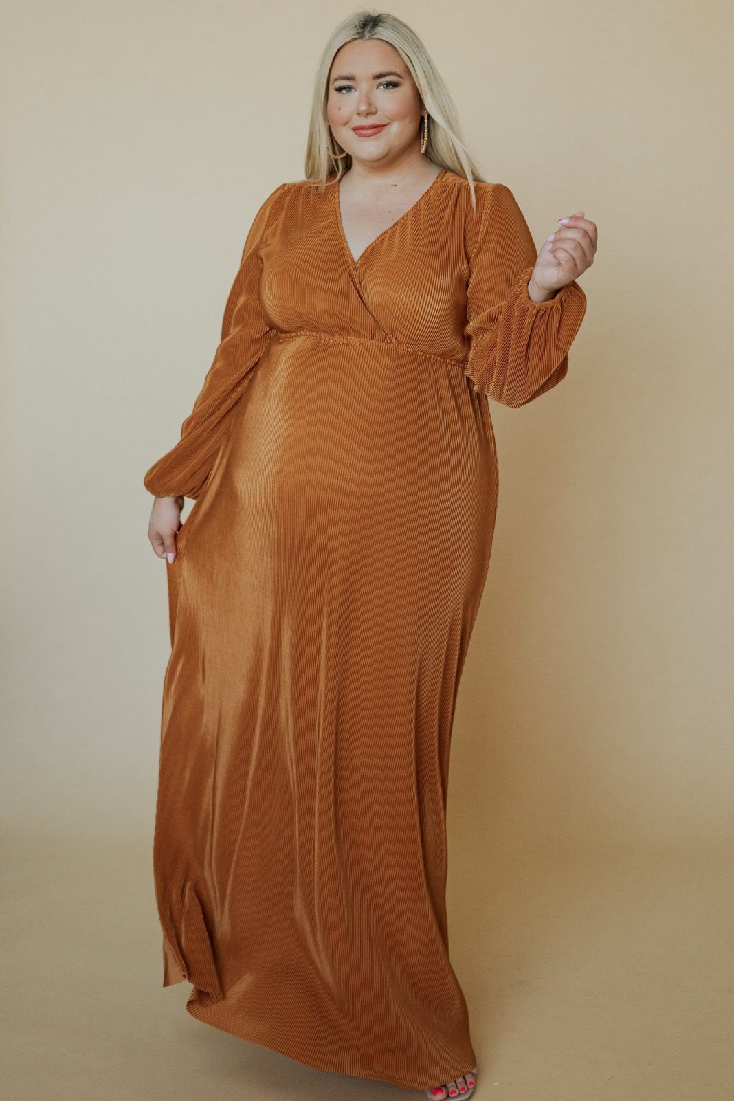 Top 20 Plus Size Wedding Guest Dresses 2024   Rust Velevt Plus Size Wedding Guest Dress With Long Sleeves 1068x1602 