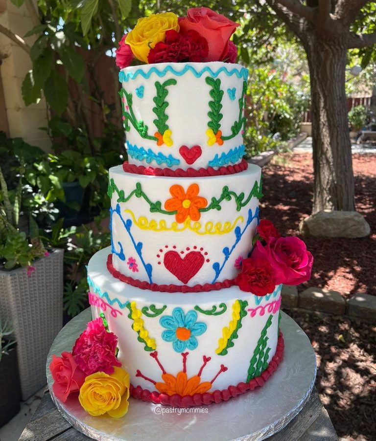 Top 20 Delicious And Colorful Mexican Wedding Cakes For 2024   3 Tier Colorful Mexican Embroidery Wedding Cake With Red Yellow Flowers Via Pastrymommies 768x902 