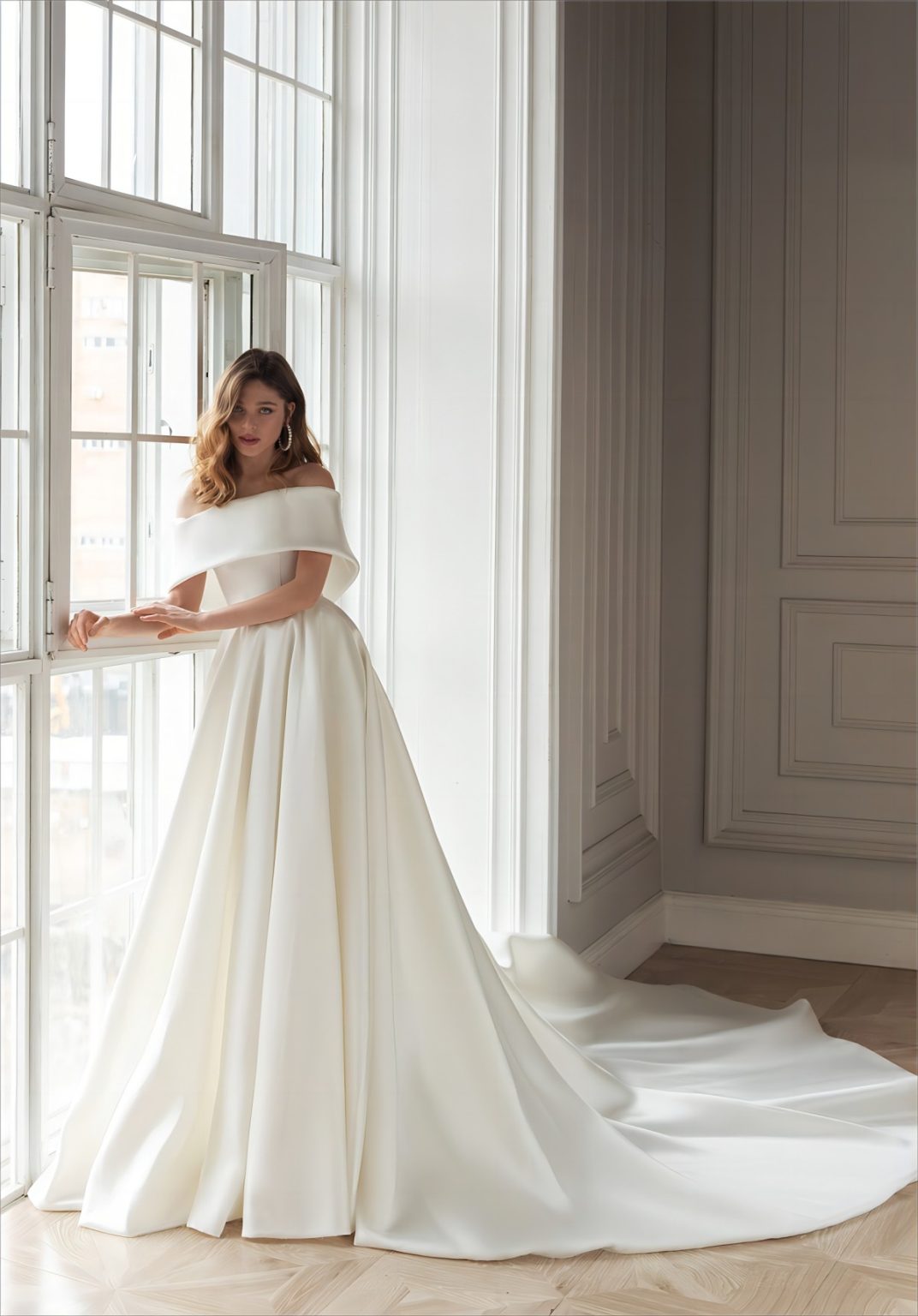 Elegant A Line Off The Shoulder Satin Wedding Gown 1072x1536 
