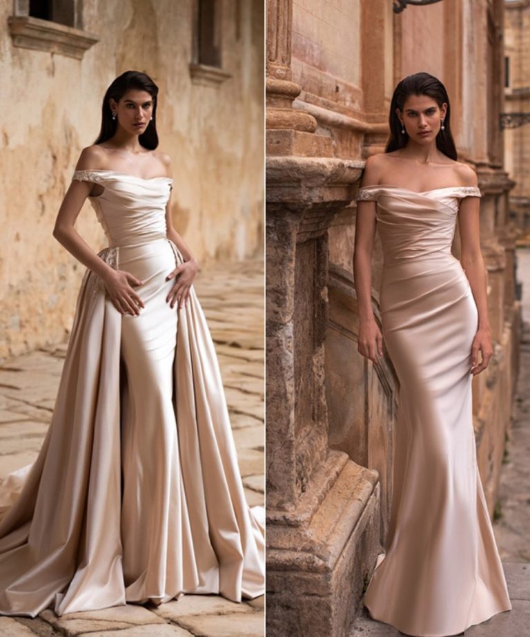 Off The Shoulder Sheath Satin Wedding Gown With Detachable Cathedral Length Train Overskirt Evalendel 768x922 