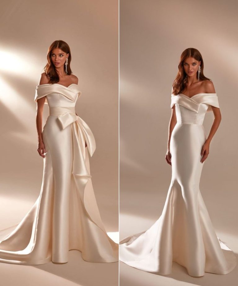 Mermaid Off The Shoulder Satin Wedding Gown With Heart Shaped Neckline 768x922 