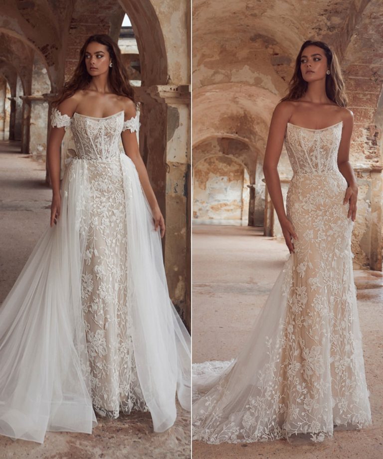 Straight Neckline Sheath Lace Wedding Dress With Detachable Skirt 768x922 