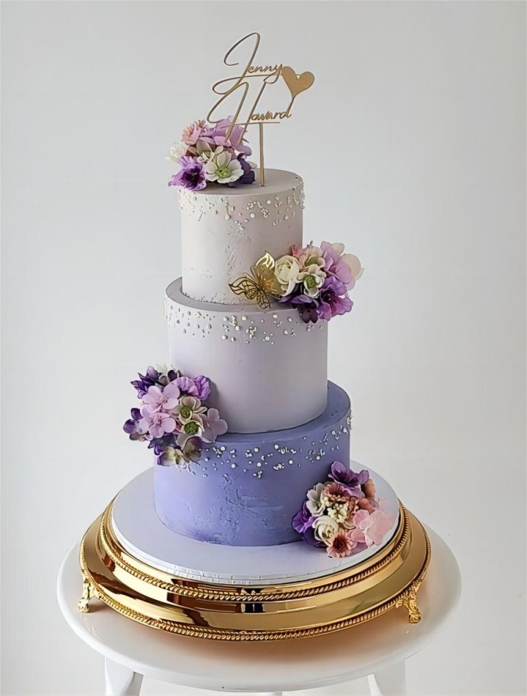 3 Tier Purple Ombre Wedding Cake With Purple Flowers Via Cakeable Vanessa 768x1014 