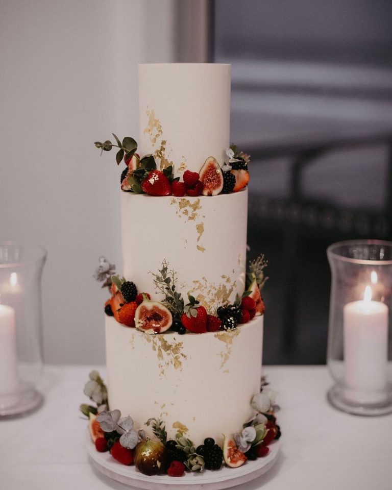 22 Rustic And Elegant Country Wedding Cakes 2024   Elegant Simple 3 Tier Wedding Cake With Fruits And Gold Foil Via Milkandhoney.cakecreative 768x960 