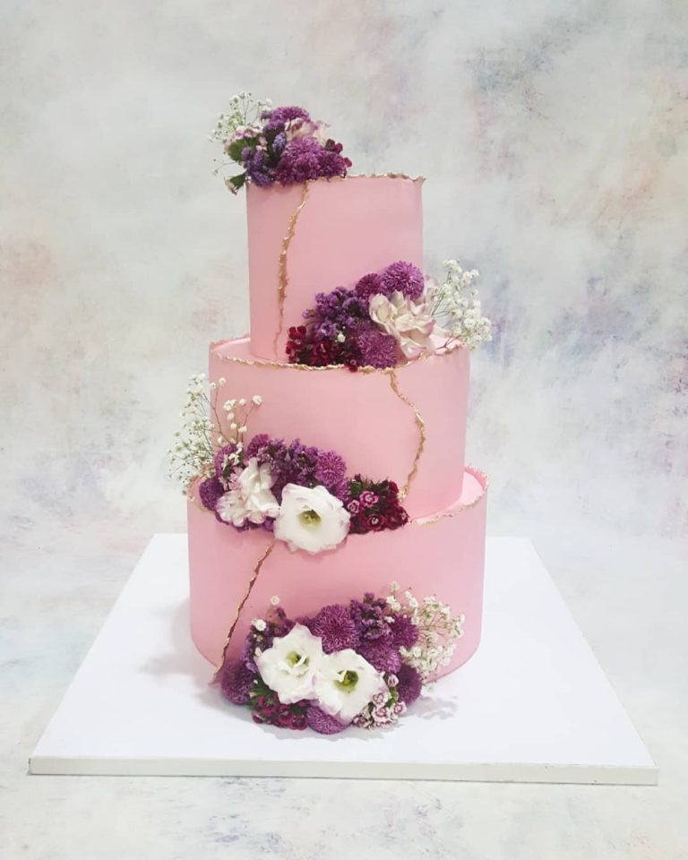 Top 20 Purple Wedding Cakes 2024 Guide Tips   Pink Wedding Cake With Plum Flowers Via Fady.cake  768x960 