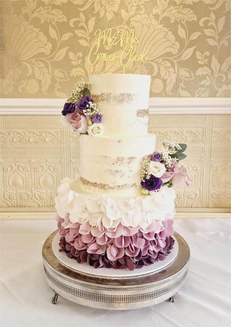 Semi Naked Wedding Cake With Purple Ombre Ruffles Wedding Cake Via Barbi Linnacakes 768x1087 