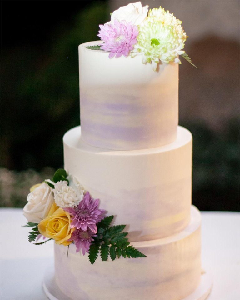 Simple 3 Tier Wedding Cake With Purple Flowers Via Charleyandco.cakes  768x960 