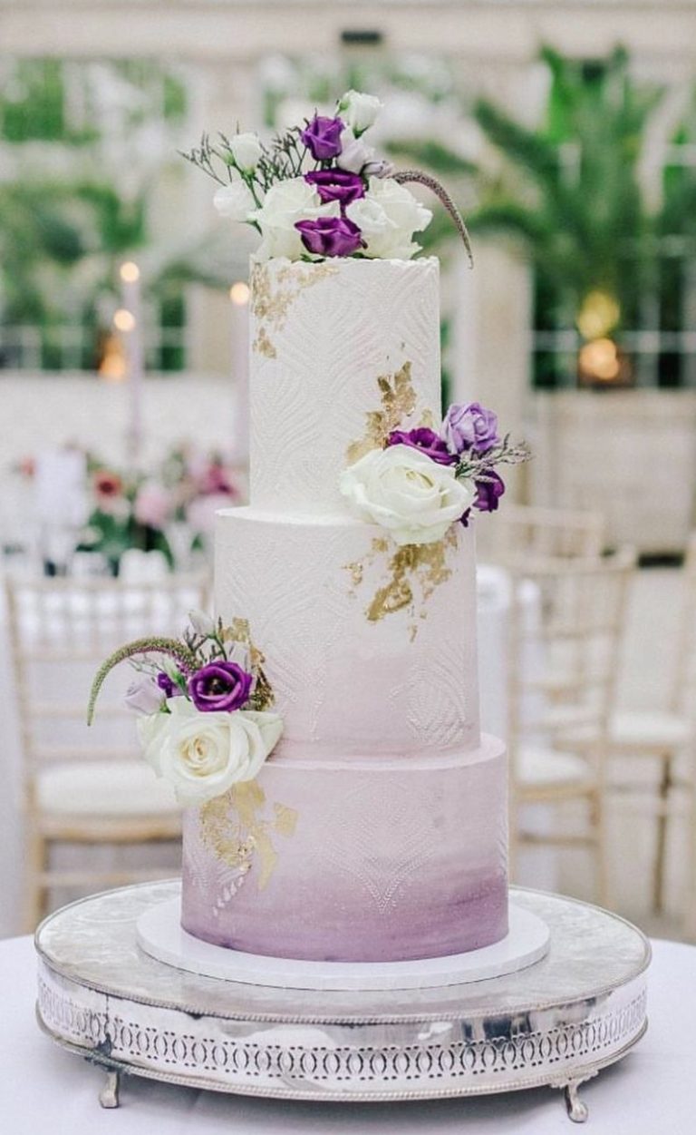 Three Tier Ombre Purple Wedding Cake With Gold Foil 768x1251 