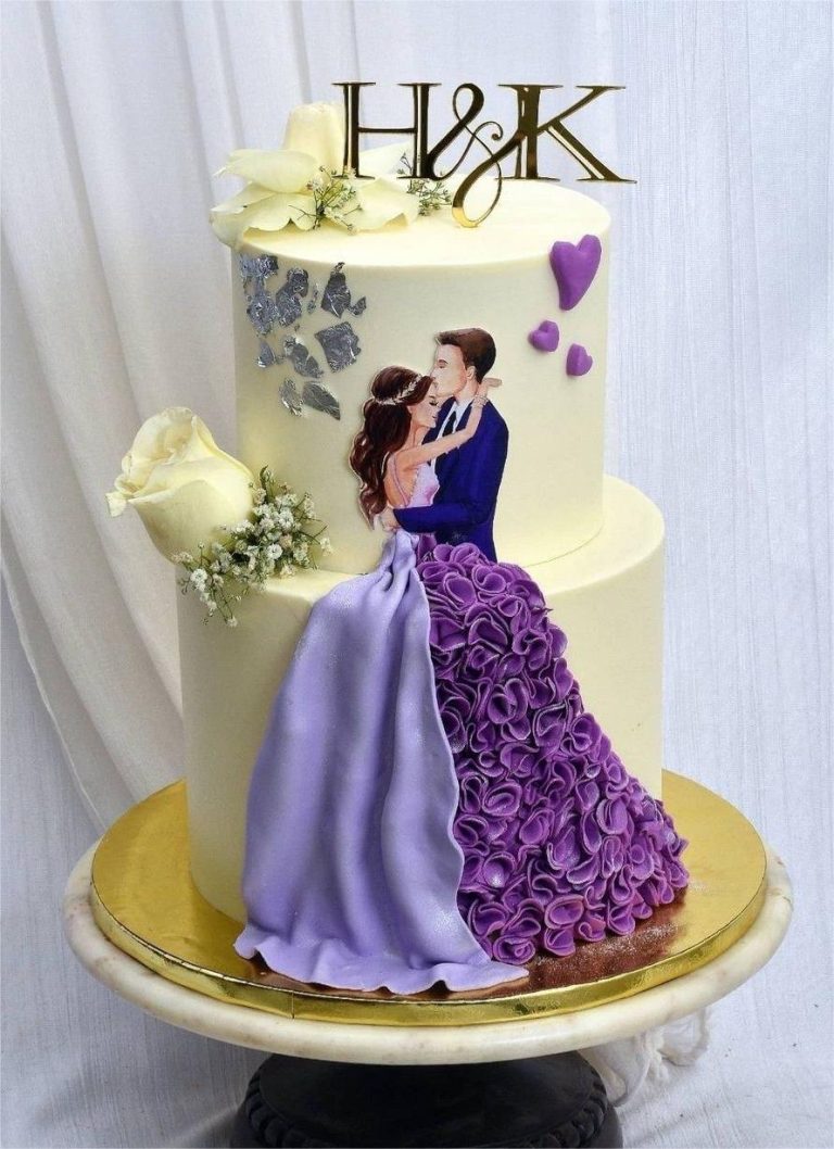 Two Tier 3d Bride In Purple Wedding Dress Wedding Cake 768x1058 
