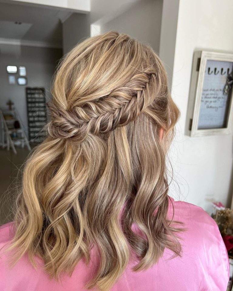 22 Perfect Prom Hairstyles For Short Hair In 2024   French Braided Flower Corwn Half Up Half Down Prom Hairstyle For Short Hair Via Viahairbylaceygc 768x960 