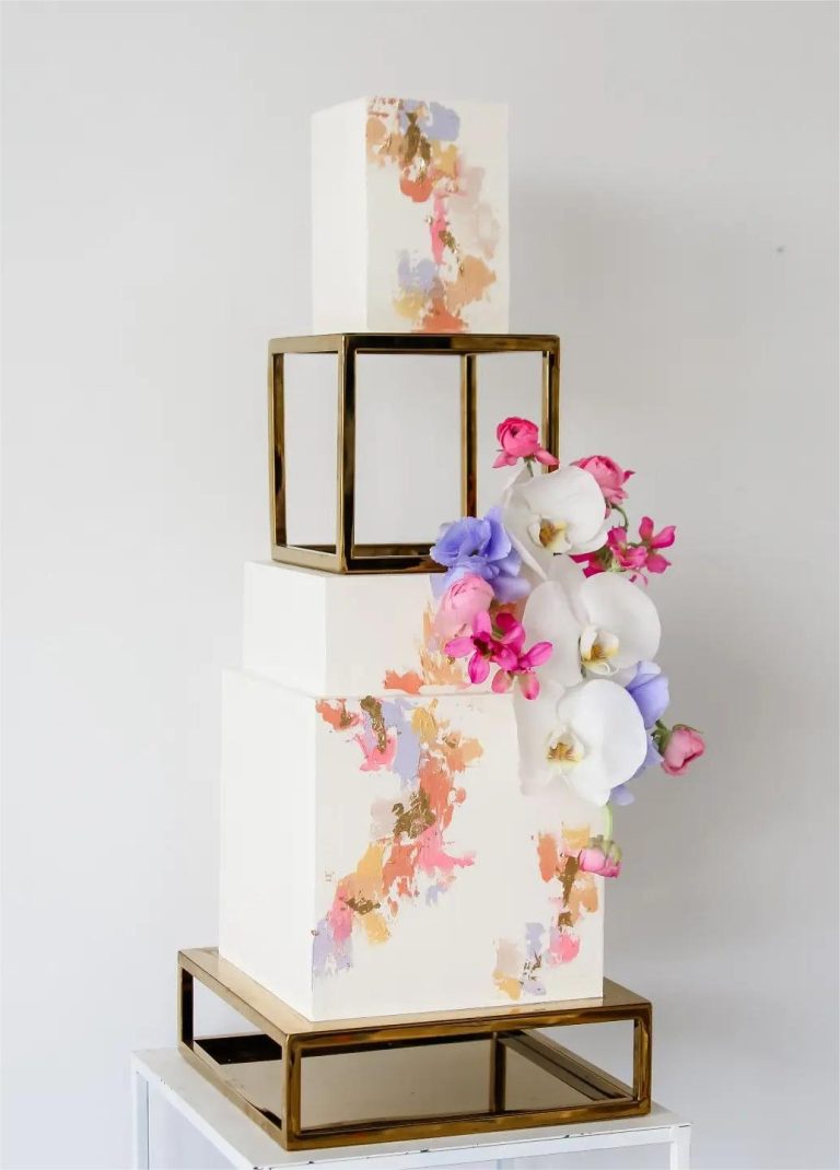 Top 25 Square Wedding Cakes 2024 Modern Twist On Tradition   Modern Square Wedding Cake With Metal Box Via Sallycoopercakeartist 768x1070 