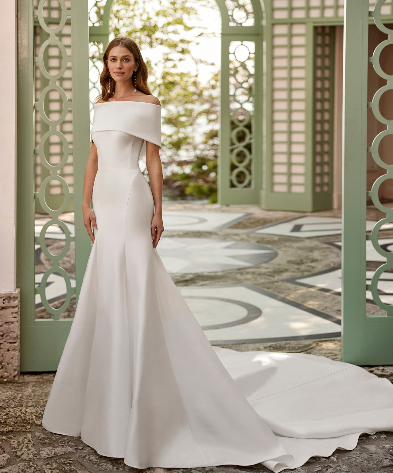 off the shoulder satin wedding dress